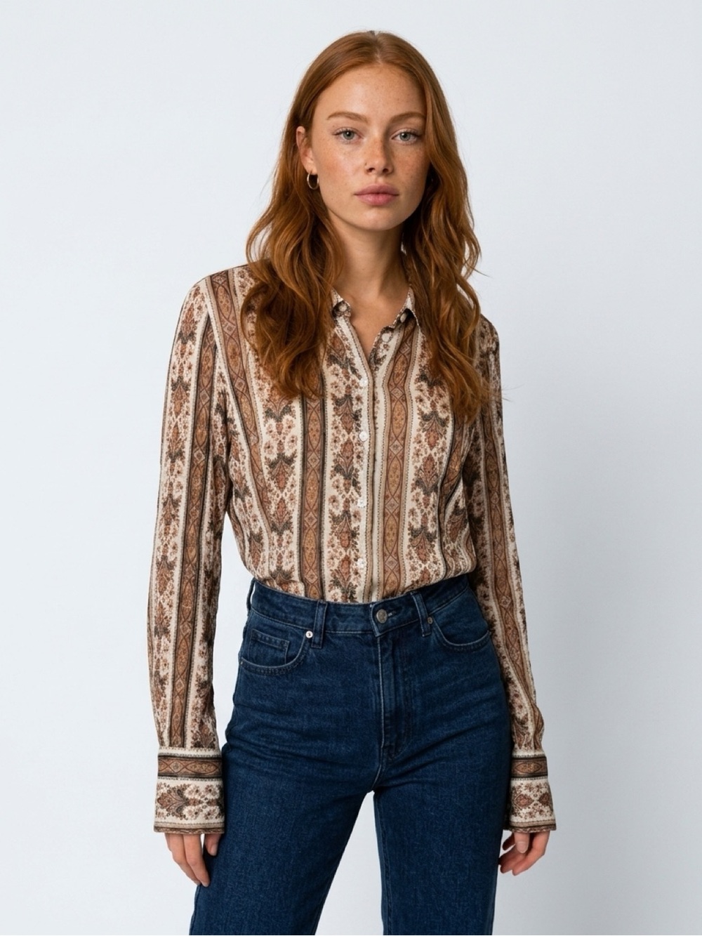 PAIGE Women's Desano Buttondown Long Sleeve Blouse in Neutral Pattern Sz 10